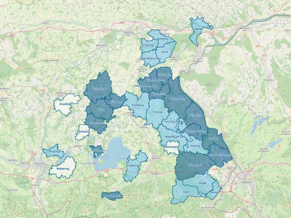 Kartenausschnitt aus dem oberbayerischen Raum mit Darstellung der Mitglieder des Regionalwerks Chiemgau-Rupertiwinkel